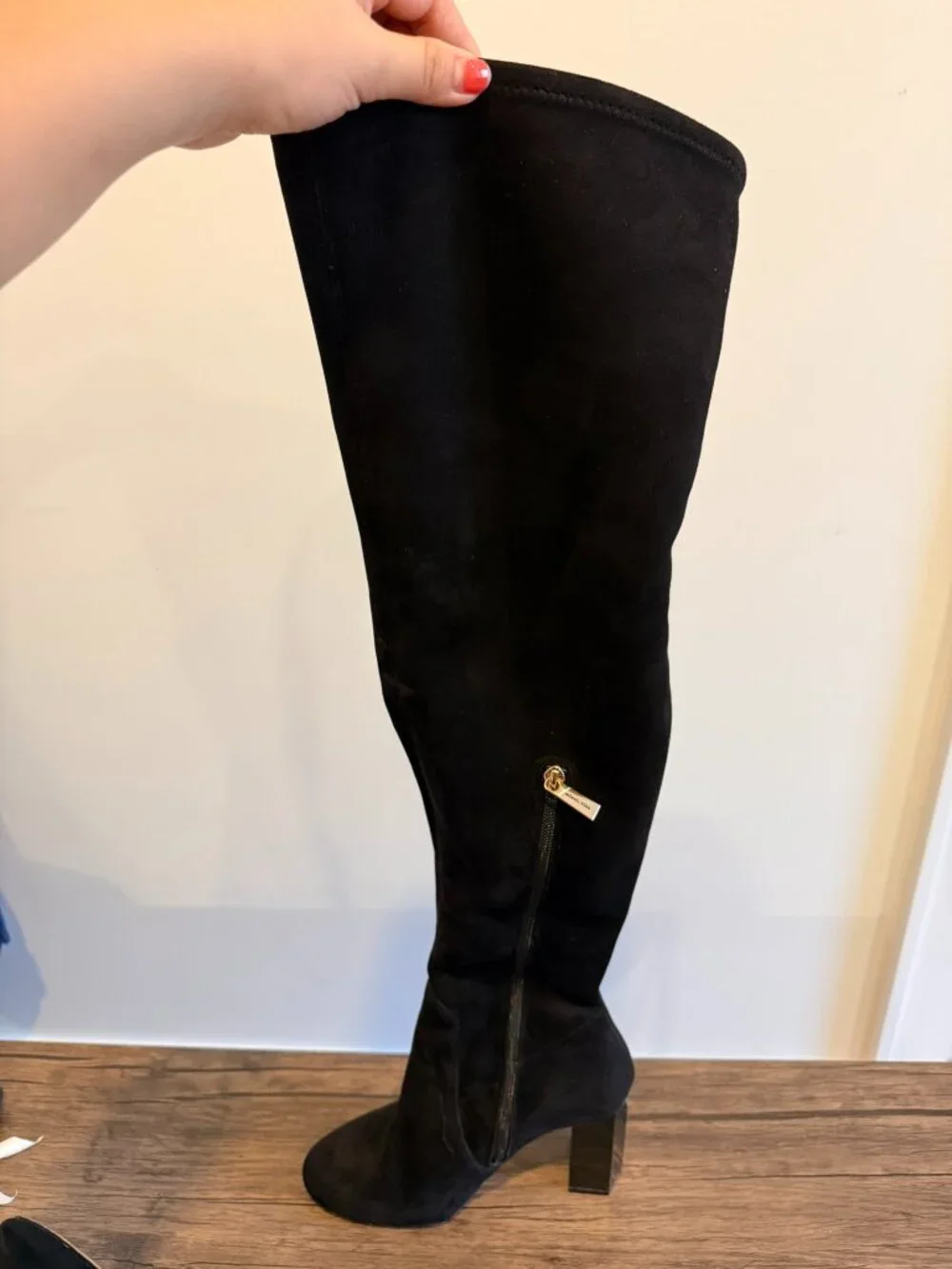 Black Suede Knee-High Heeled Boots
